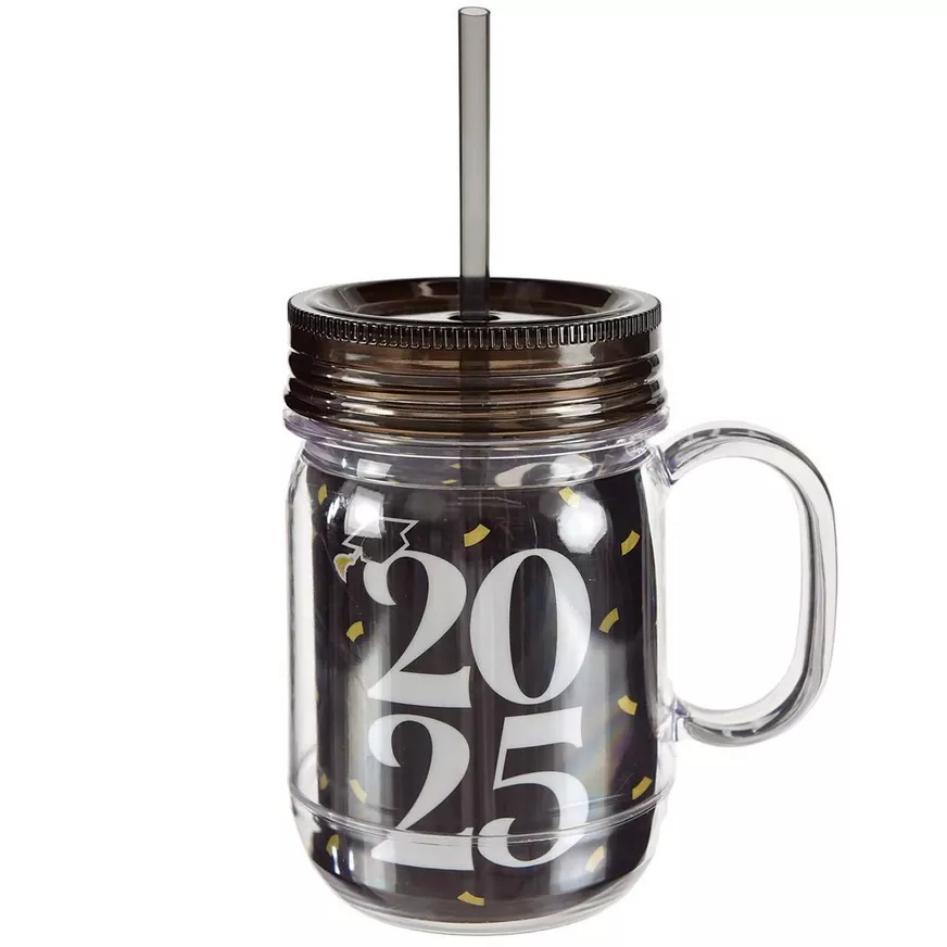 Class of 2025 Black, Silver & Gold Printed 16 oz Plastic Mason Jar