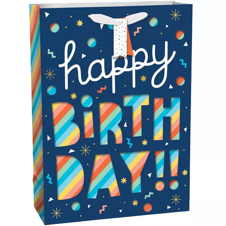 Large Happy Birthday Rainbow Stripe Cutout Paper Gift Bag, 12.5in x 17in