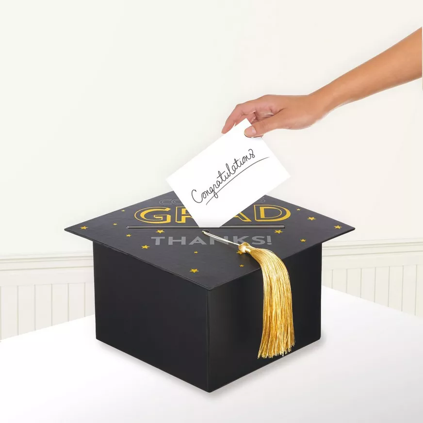 Black, Silver, & Gold Grad Cap Card Box, 8in x 5.83in 3 Black, Silver, & Gold Grad Cap Card Box, 8in x 5.83in
