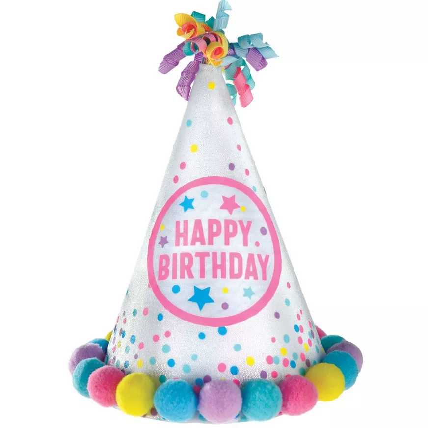 Iridescent Pastel Party Happy Birthday Pom-Pom Party Hat, 8.25in