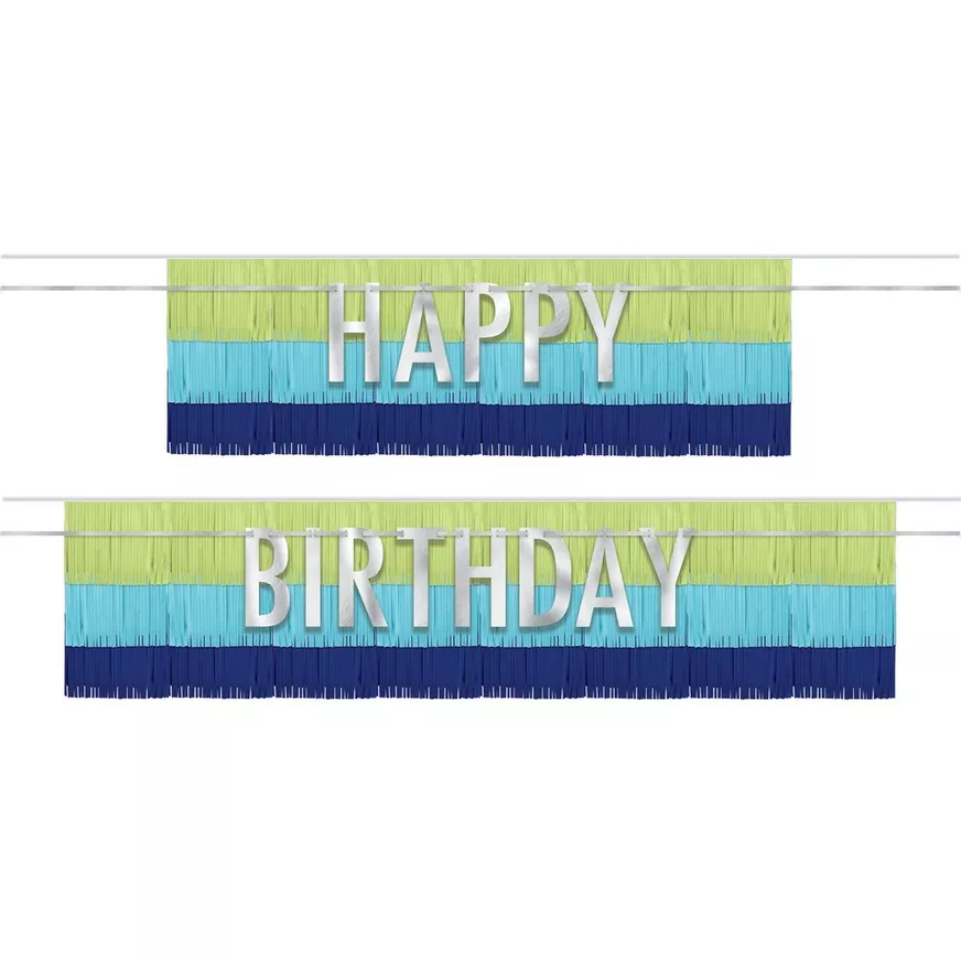 Blue & Green Happy Birthday Fringe Banner Set, 4pc - Modern Birthday