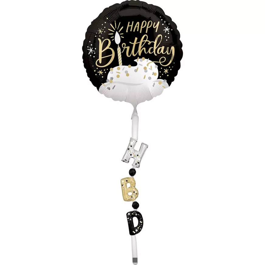 Satin Black, Silver & Gold Happy Birthday Foil Balloon (24in) with Balloon Tail (3.75ft)