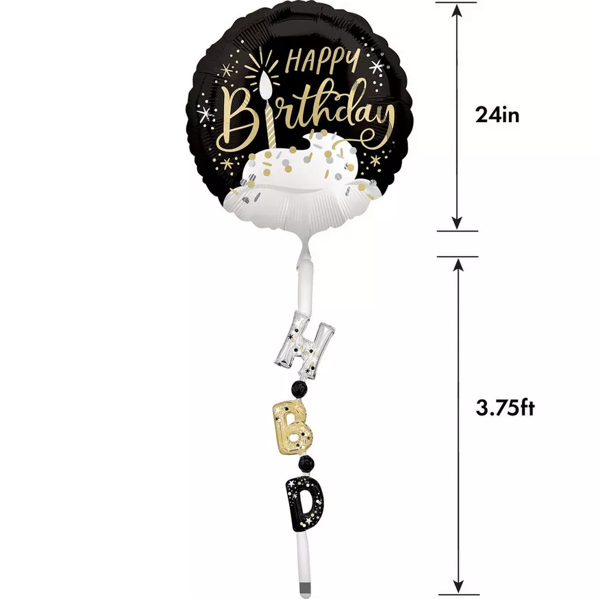 Satin Black, Silver & Gold Happy Birthday Foil Balloon (24in) with Balloon Tail (3.75ft) 5 Satin Black, Silver & Gold Happy Birthday Foil Balloon (24in) with Balloon Tail (3.75ft)