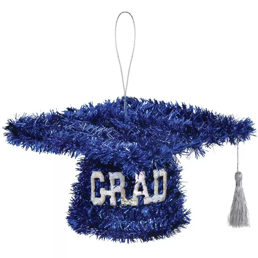 Blue Graduate 2025 Cap Tinsel with Silver Tassel, 5x3in â Hanging or Table Decoration