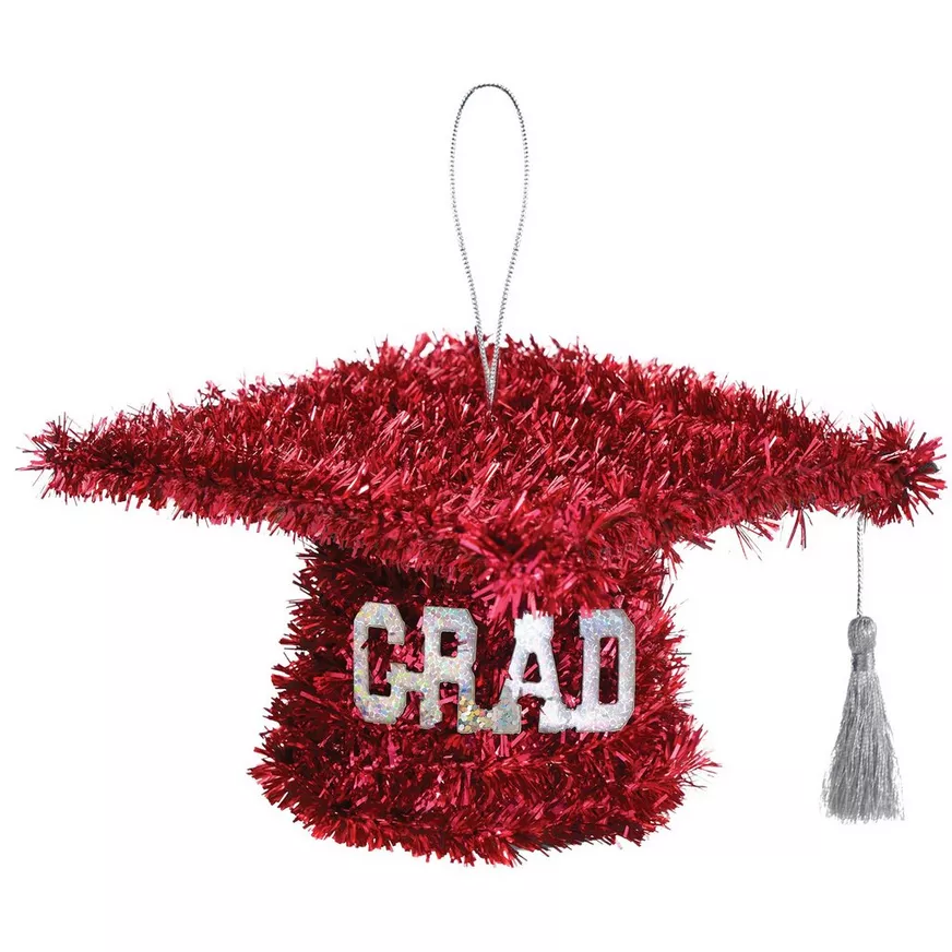 Red Graduate 2025 Cap Tinsel with Silver Tassel, 5x3in â Hanging or Table Decoration