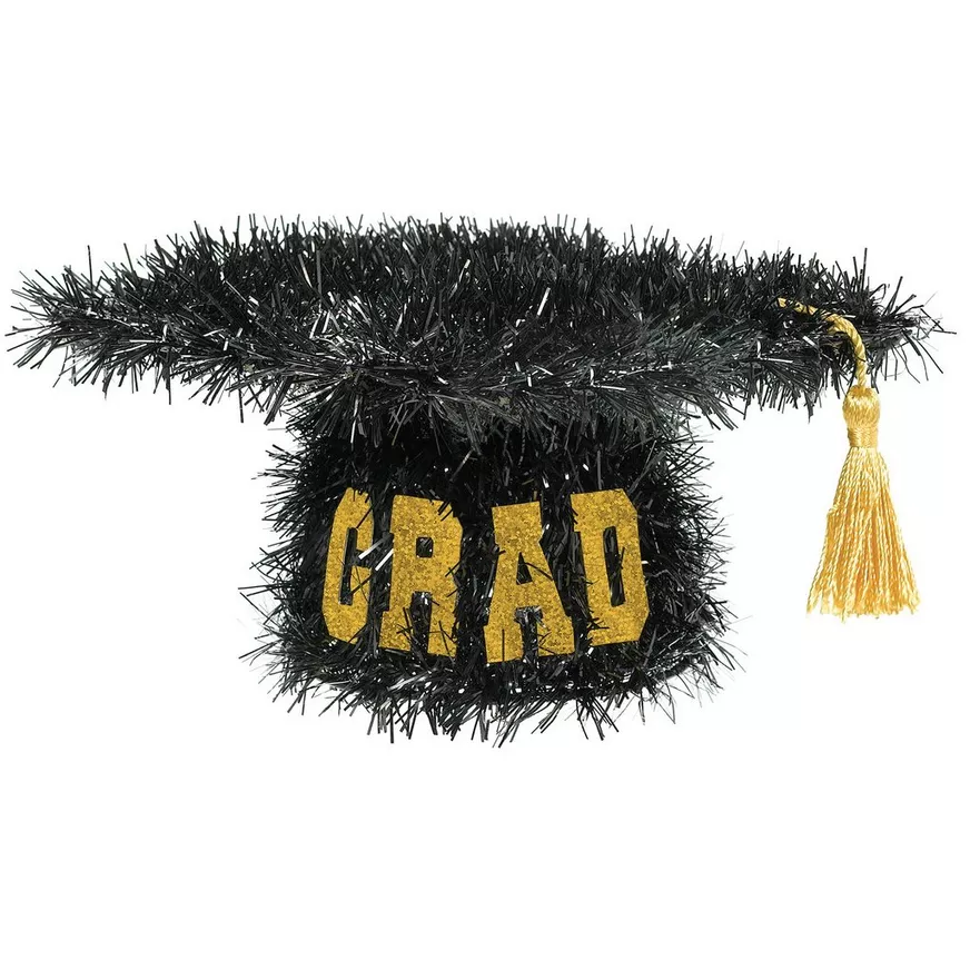 Black Tinsel Graduate 2025 Cap with Gold Tassel, 4.5in x 8.5in â GRAD Table Decoration