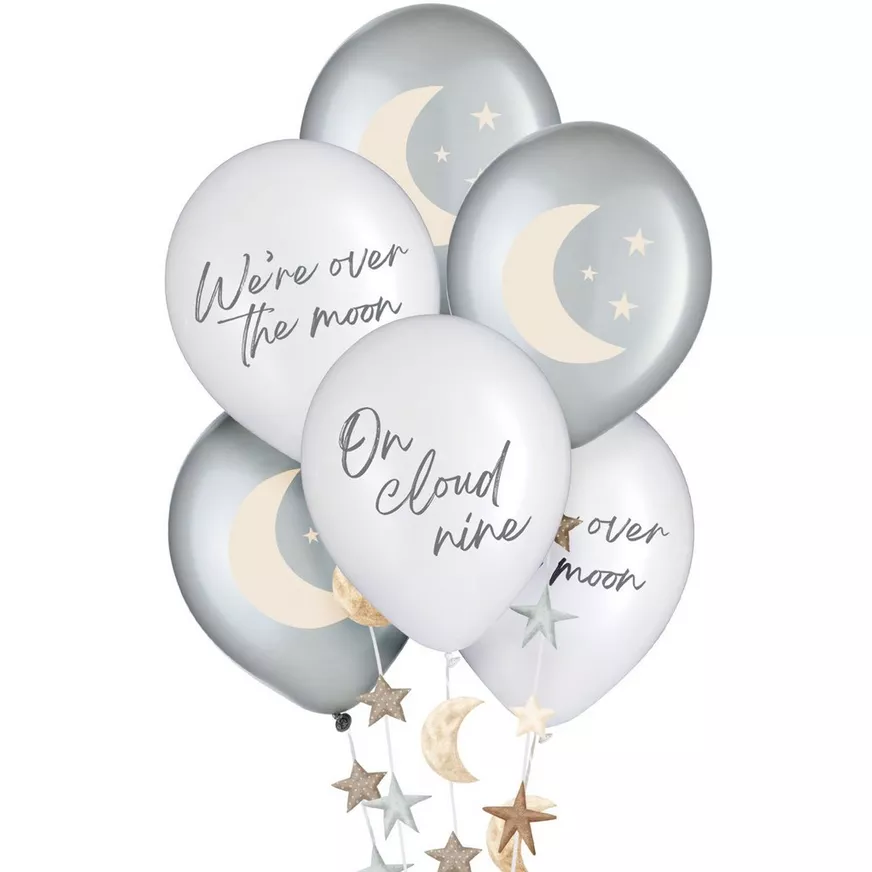 Over the Moon Baby Shower Latex Balloons, 12in, 6ct, with Balloon Tails