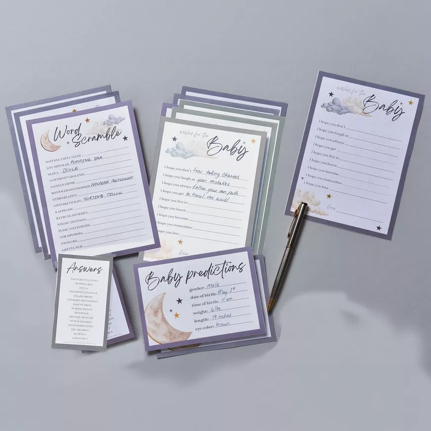 Over the Moon Baby Shower Games for 25 Guests, 75 Sheets, 3 Games - Baby Predictions, Wishes for Baby & Word Scramble