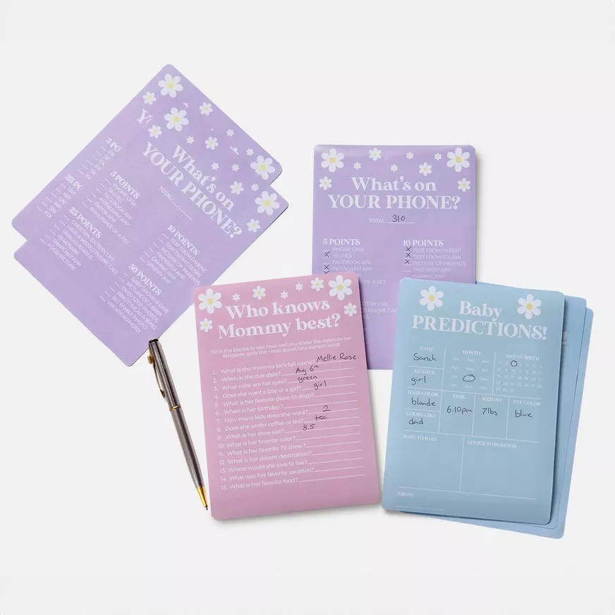 Little Daisy Baby Shower Games for 25 Guests, 75 Sheets, 3 Games - Baby Predictions, What's on Your Phone & Who Knows Mommy Best