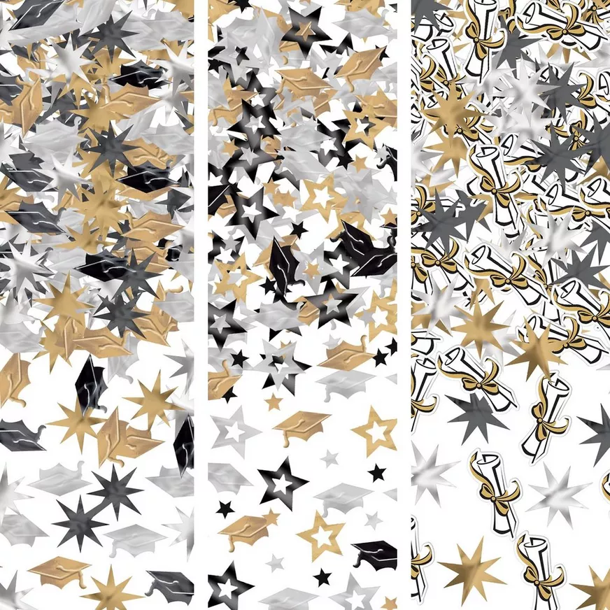 Graduation Confetti Pack, Black Gold & Silver, Foil & Paper, 3ct